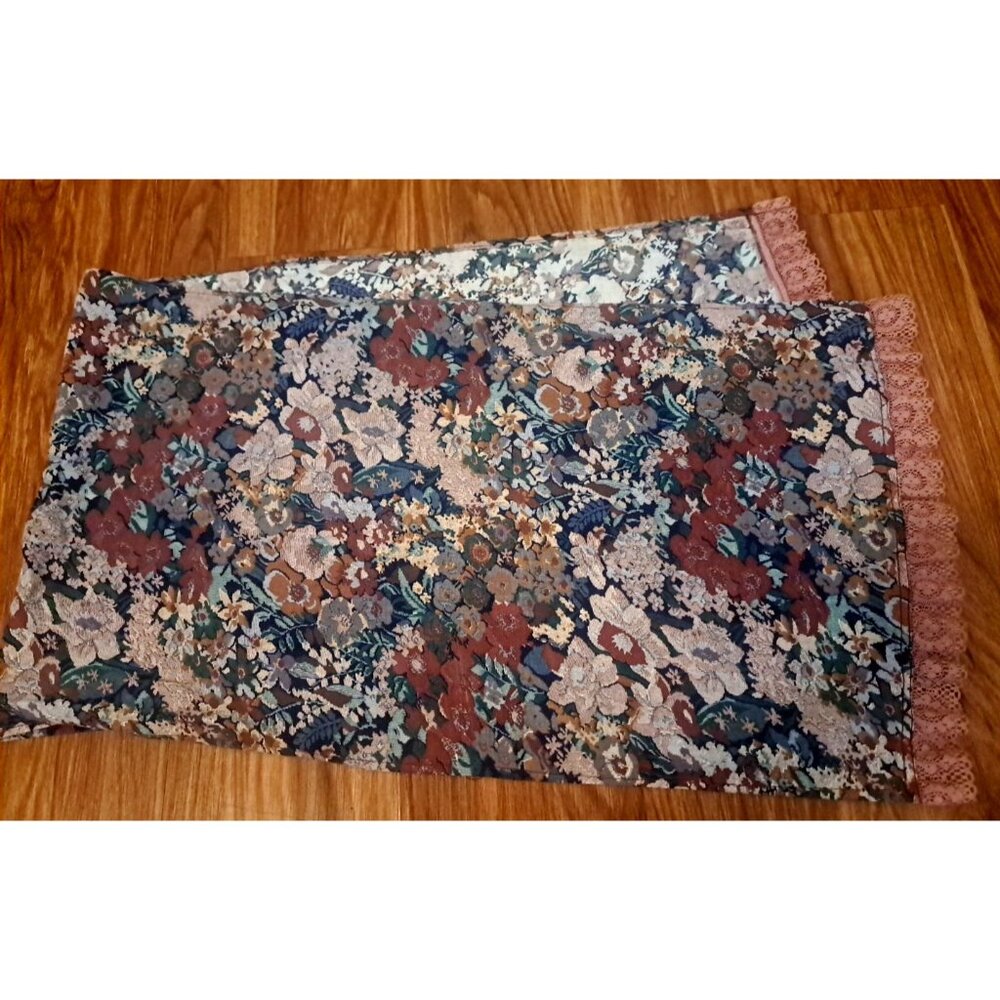 Vintage Floral Table Runner Handmade Pink Lace Trim Watercolor Cottage 50x14